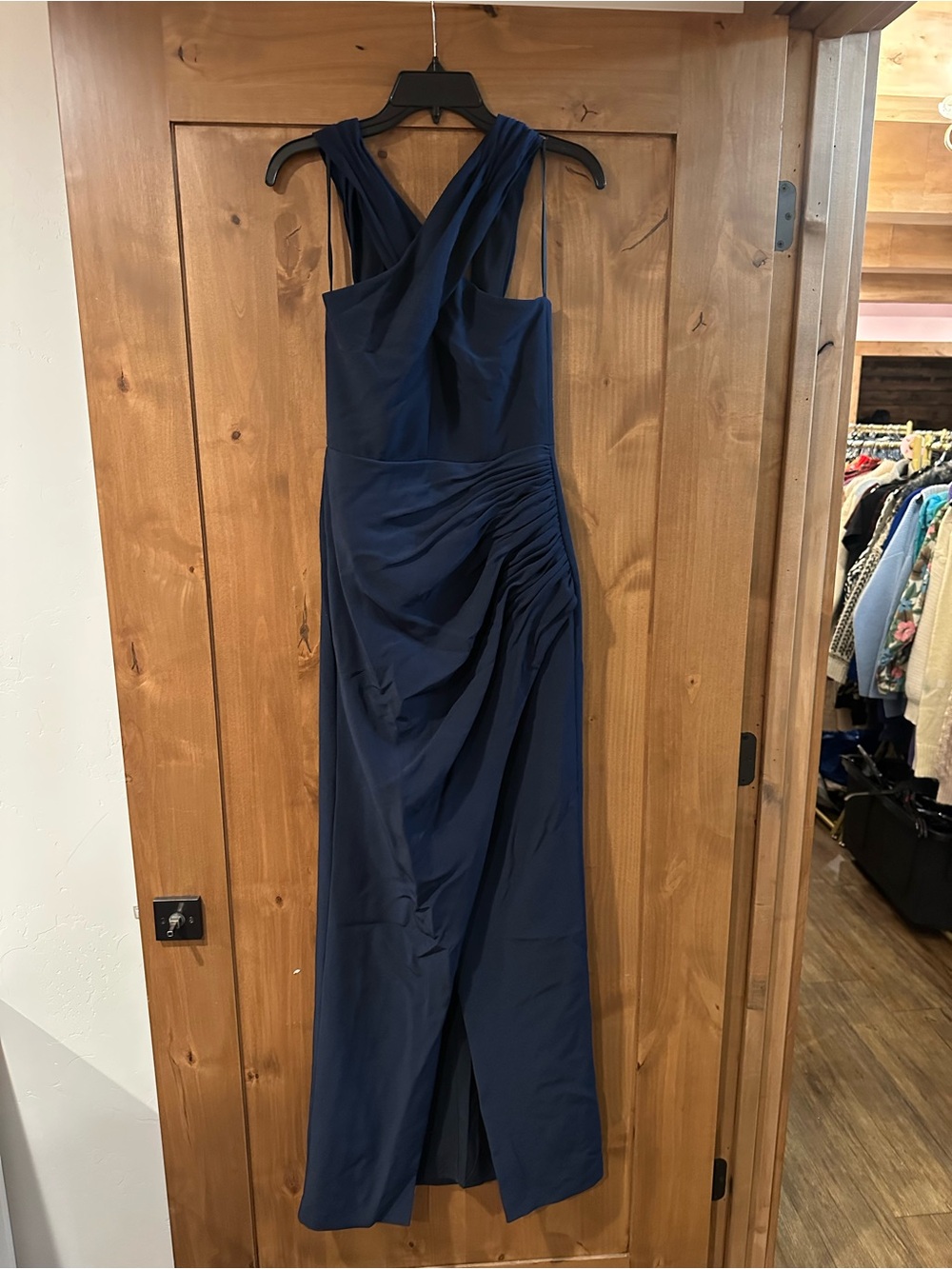 Halston Navy Criss Cross Strap Dress with Structured Bodice and High Slit